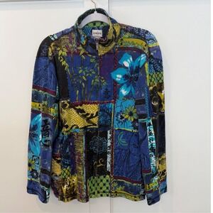 Vintage Chicos Jacket Art To Wear 100% Cotton Asian Buddha Blue Purple 2 Large